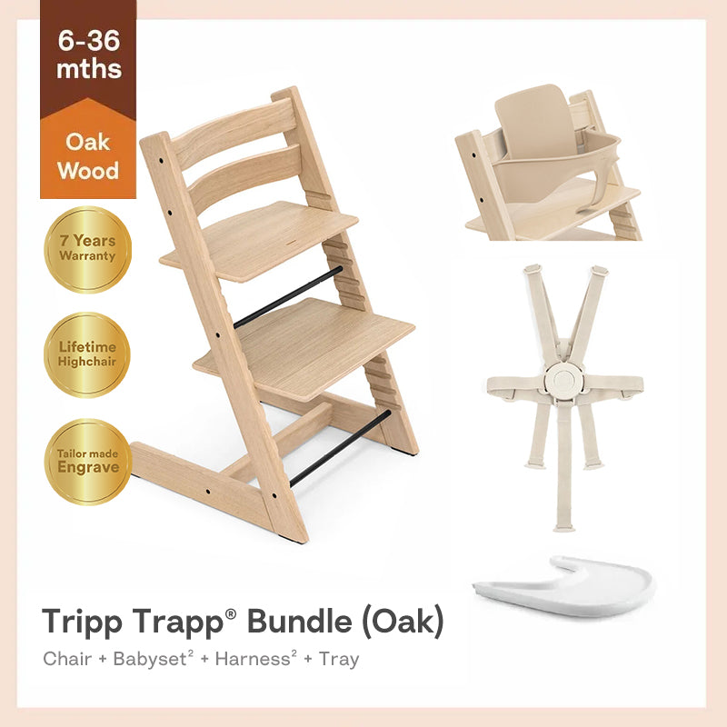 Tripp Trapp®High Chair Bundle (Oak) - 4pcs Baby Set²&Harness² for 6-36m