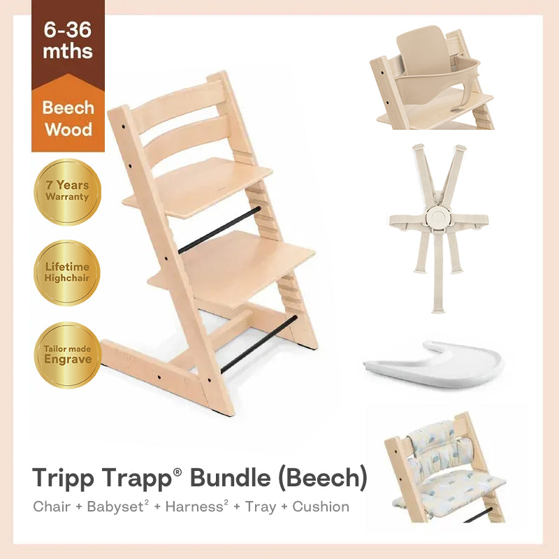 Tripp Trapp®High Chair Bundle (Beech) - 5pcs Baby Set²&Harness² for 6-36m