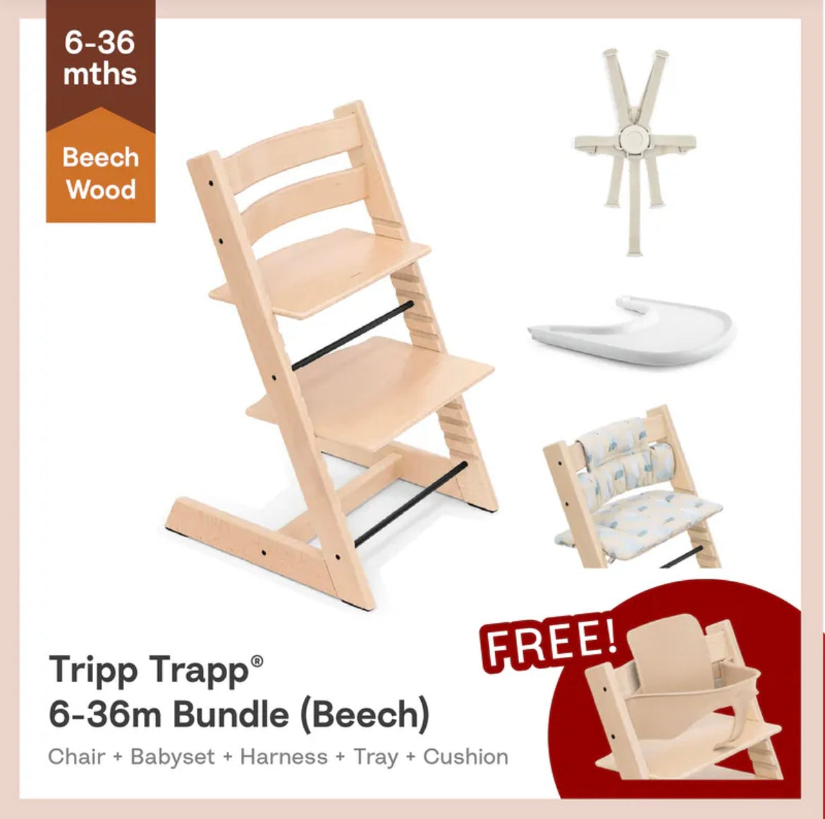 Tripp Trapp®High Chair Bundle (Beech) - 4pcs Cushion & Harness² for 6-36m