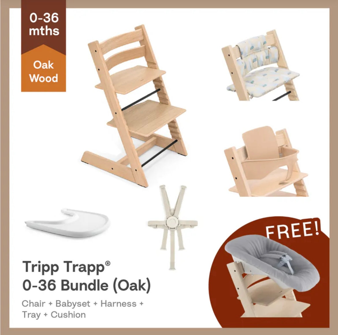 Tripp Trapp®High Chair Bundle (Oak) - 5pcs Baby Set²&Harness² for 6-36m