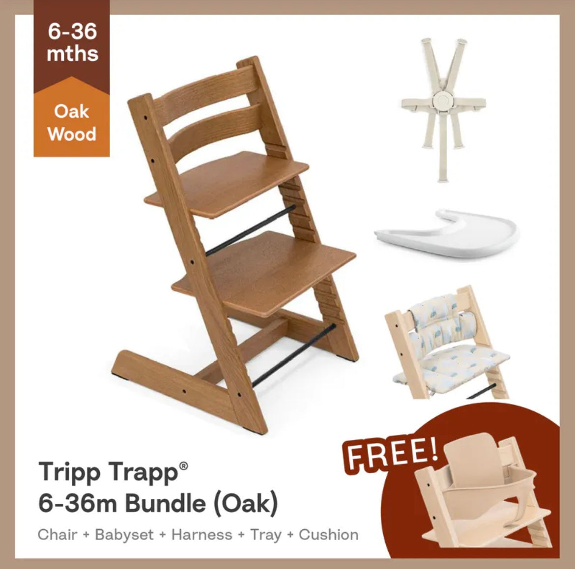 Tripp Trapp®High Chair Bundle (Oak) - 4pcs Cushion & Harness² for 6-36m