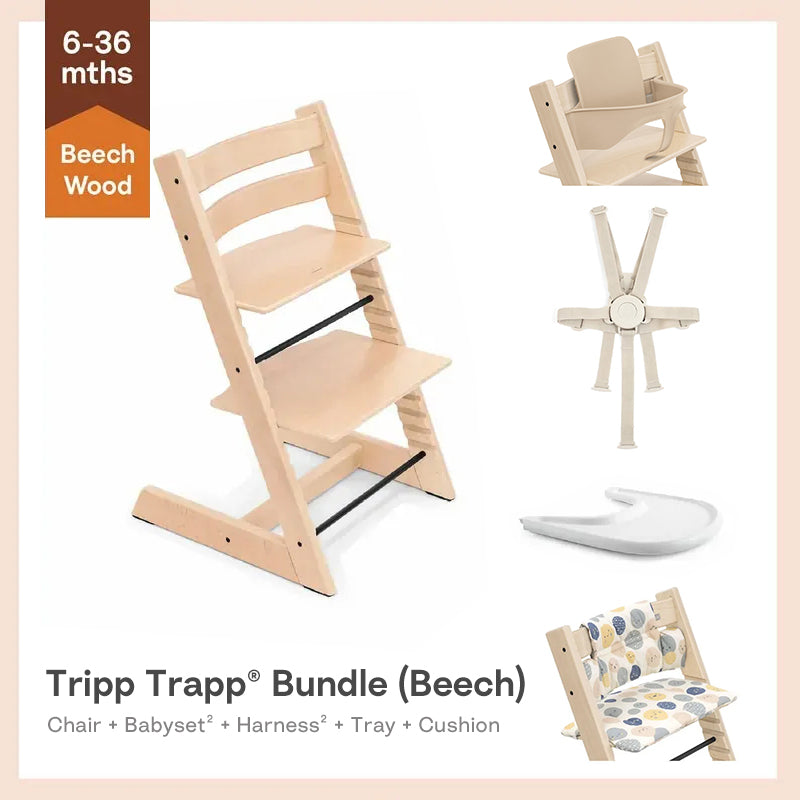 Tripp Trapp®High Chair Bundle (Beech) - 5pcs Baby Set²&Harness² for 6-36m