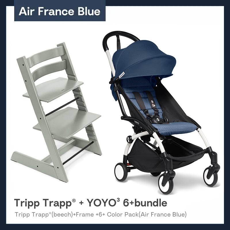 Stokke® Tripp Trapp® 成長椅(櫸木) & YOYO³ 6+顏色布件 (法航藍) 嬰兒車組合