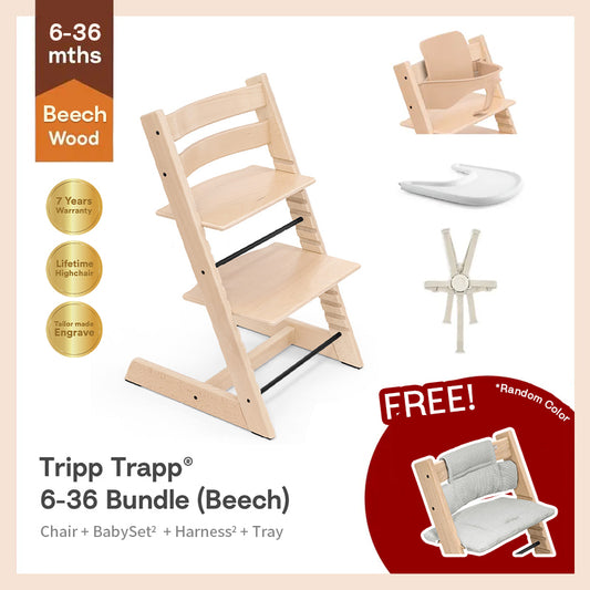 Tripp Trapp®High Chair Bundle (Beech) - 4 pcs Baby Set²&Harness² for 6-36m